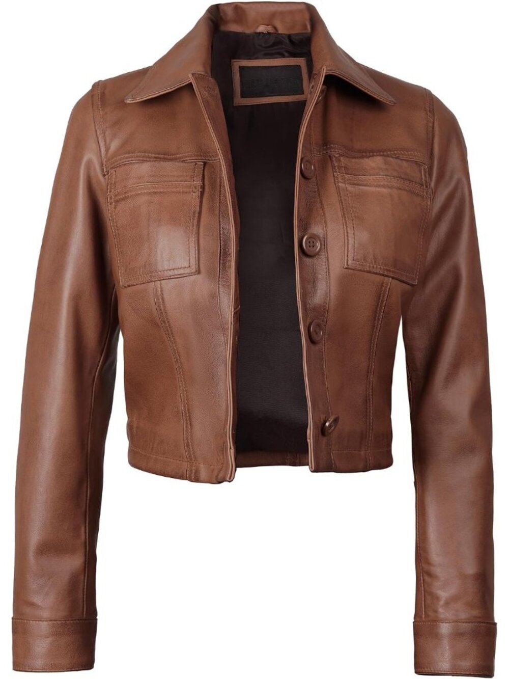 Women’s Cognac Cropped Leather Jacket Shirt Collar Short Motorcycle Style Jacket